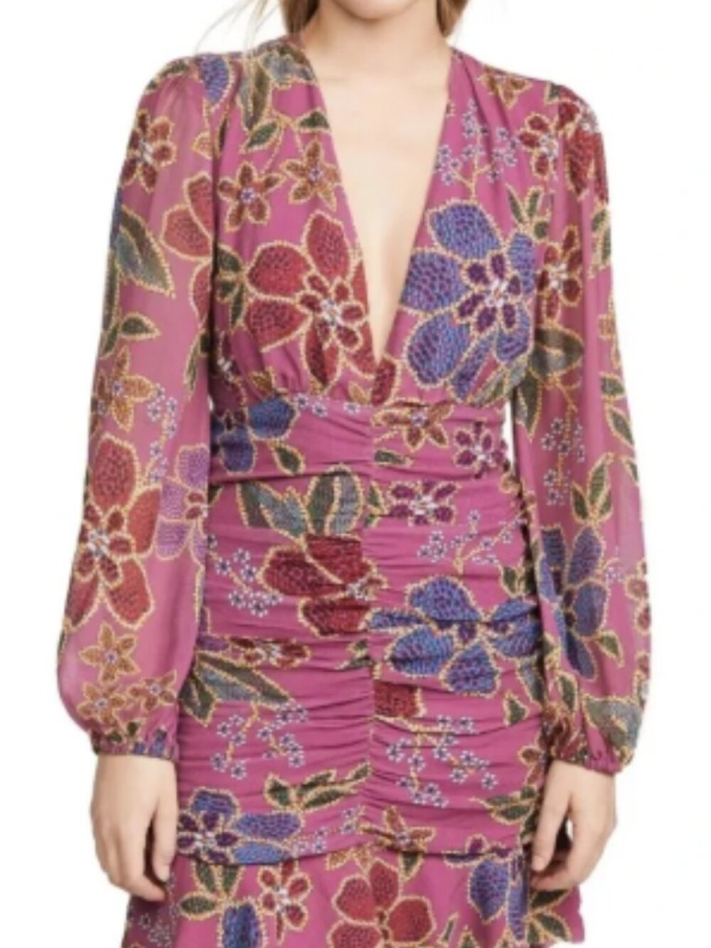 ✨NWT FARM Rio Floral Sparkle Ruched Long Sleeve Ruffle Mini Dress Size XL✨